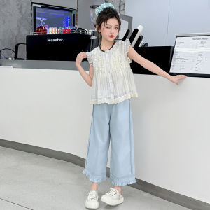 ชุดเดรสแขนกุดผ้าฝ้ายลายดอกไม้สไตล์เกาหลีสำหรับเด็กผู้หญิง ชุดกางเกงขายาว 2 ชิ้น ชุดแฟชั่นฤดูร้อนสำหรับเด็ก