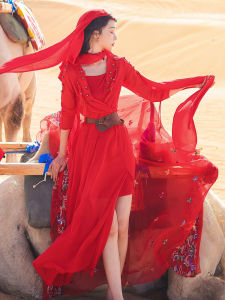 Desert Photography Clothes Long Skirt Dunhuang Exotic Clothing Tourism Vacation Ethnic Style Bright Red Dress