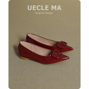 MASHUJIA | French Square Buckle Pointed Toed Pumps Soft Sheep Patent Leather