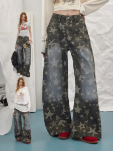 unifree | Quần Jeans Denim Xanh Đùi Rộng Thấp Dáng Mỹ In Hình Sao Phong Cách Đã Qua Sử Dụng