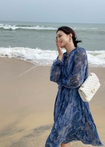 Lier LRKS Go Where the Wind Is Series M007 Ink Washed Linen Vertical Texture Womens Long Dress V-neck A-line Skirt