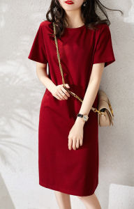 Summer New Womens Loose Slimming Solid Color T-shirt Dress Short Sleeve Student Commute Midi Fairy Skirt Trendy Polyester