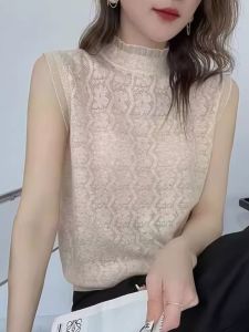 Ole Womens Big Sale Half Turtleneck Lace Knitting Sleeveless Vest Womens Stringy Selvedge Stand Collar Hollow Mesh Bottoming Shirt