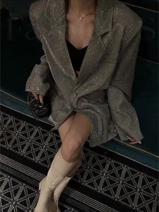 PAZHAOLANG | Retro Glitter Suits Mid-length Blazer