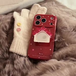 Korean Colorful Stars With Red House Makeup Mirror Bracket Phone Case For iPhone 17 16 15 14 13 12 Pro Max Shockproof Soft Cover