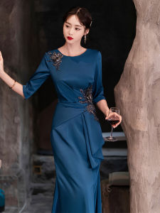 Elegant Blue Evening Gown for Women High-End Luxury Young Mom Wedding Dress Korean Style Mid-Waist Zipper Sleeveless Bodycon