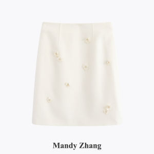 French Luxe Design Floral Beaded White Woolen Skirt