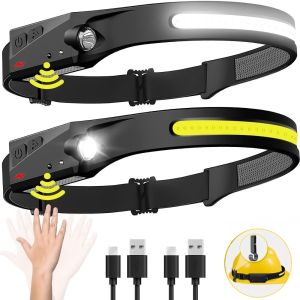 COB LED Headlamp Sensor Headlight with Built-in Battery Flashlight USB Rechargeable Head Lamp Torch 5 Lighting Modes Work Light