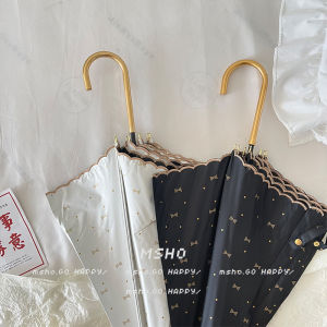 Msho Japanese Style Long Handle Umbrella with Embroidered Lace Butterfly Bow Sunshade UV Protection Black Glue Sun Umbrella