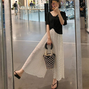 QIAONIAOGE | Quần ống rộng chiffon mỏng mùa hè cho nữ váy xếp ly quần dài quần dài thường ngày quần dài ống thẳng quần dài