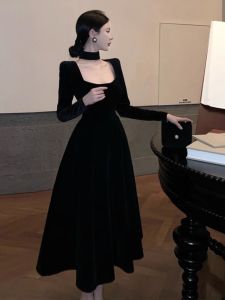 ชุดราตรีสุดสง่างาม ชุดแต่งงานสไตล์ฝรั่งเศส ชุดเดรสยาวเอวสูง แขนยาว คอเหลี่ยม ชุดราตรีสำหรับงานปาร์ตี้วันเกิด