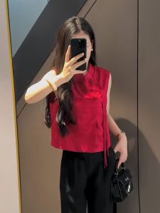 New Chinese Style National Style Knotted Chinese Buttons Red Vest Womens Summer New Arrival Western Style Fashion Elegance Sleeveless Vest Waistcoat Tops