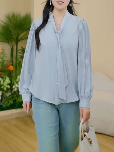 QINGNAER | Blue Pleated Ribbon Blouse