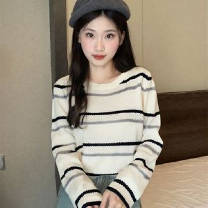 Áo Len Dệt Kim Cổ Tròn Dài Tay Màu Tương Phản Cho Nữ Mùa Xuân Thu Phong Cách Hàn Quốc Cỡ Nhỏ Mặc Trong Áo Len Cardigan Ngắn