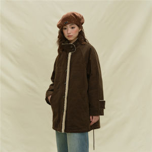 Giordano Designer Corduroy Patchwork Lamb Fur Stand Collar Mid-Length Cotton Jacket Womens 18375217 Vintage Style Long Sleeve Coat