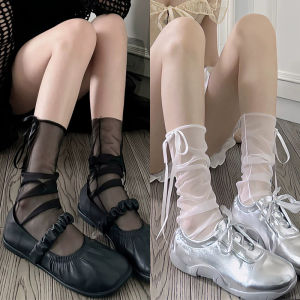 2Pairs Japanese Lolita Ultra-thin Transparent Ribbon Bowknot Loose Socks Mesh Breathable Women Girls Middle Tube Socks