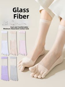 JINGCHI | Womens Pure Cotton Mid-Calf Five-Finger Transparent Mesh Crystal Socks Thin Glass Silk Long Tube Separate Toe Summer Socks