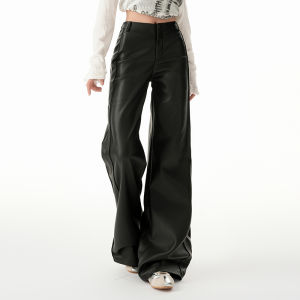 High Waist PU Leather Casual Pants Womens Black Slimming Hot Girl Wide Leg Pants City Walk Casual Travel Daily Wear