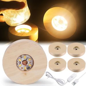Wooden LED Display Base Light Luminous USB Lamp Holder for Crystal Ball Glass Resin Art Ornament Stand Decor Kids Gifts