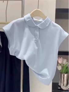 Korean-Style Polo Collar Short Sleeve T-Shirt for Women Summer Casual Minimalist Work Clothing Slim Fit Pure Color Cotton Polyurethane Elastane