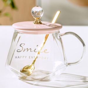 High Aesthetic Value Glass Tea Cup Heat Resistant Office Drinking Water Cup with Lid And Spoon Cute Ins Style Home Use Flower Tea Cup