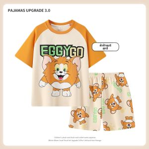 MiiOW | ชุดนอนเด็กผู้หญิงแขนสั้นผ้าฝ้ายลายการ์ตูนน่ารักสำหรับฤดูร้อน เสื้อผ้าอยู่บ้านแบบลำลอง คอตตอน 100% ความยาวปกติ