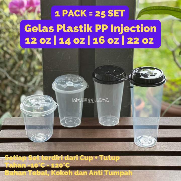 Gelas Plastik PP Cup Injection 12 Oz 14 Oz 16 Oz 24 Oz (1 Pack isi 25 Set) (1 Set Terdiri dari Cup + Tutup + Stopper Sambung) Bahan Bagus, Tebal, Anti Tumpah
