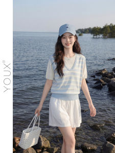 YOUXIANG | Áo Thun Knit V-neck Ôm Sọc Kẻ Đan Dệt Giả Hai Mảnh