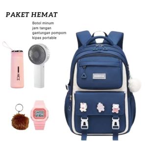 Tas ransel anak perempuan remaja SD SMP model karissa gratis jam tangan botol minum kaca kipas angin mini dan gantungan pompom tas ransel sekolah remaja tas ransel