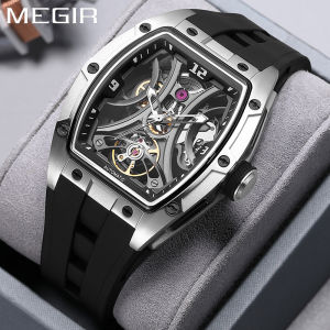 MEGIR Fashion Sports Mechanical Watch for Men Automatic Self-winding Wristwatch with Silicone Strap Transparent Tonneau Dial