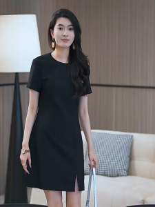 Đầm chữ A công sở cổ tròn tay ngắn đính nơ trắng vai nhã nhặn tinh tế