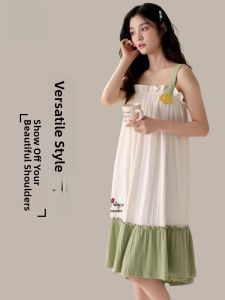 MiiOW | Pure Cotton Summer Cat Woman Nightgown Princess Style Home Clothes Sleepwear Womens Outerwear Mid-Length Strap Nightdress