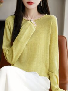 Premium Spun Wool Knitted Sweater Womens Loose Fit Thin round Neck Pure Color Base Layer Top Casual Style Long Sleeve
