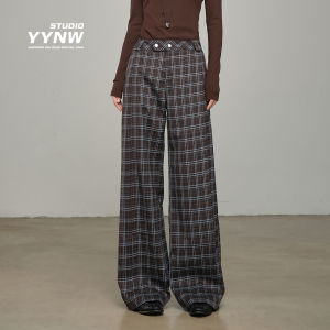 American Retro Plaid Wide Leg Pants Womens Casual Loose Comfortable High Waist Polyester Blend Fiber Elastic Stretchy