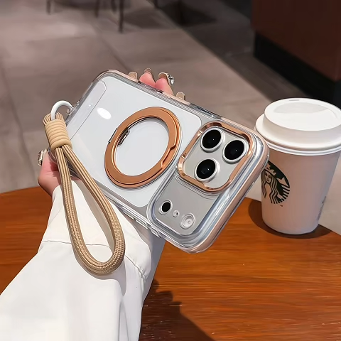 Lanyard Foldable 360° Rotating Holder Clear Case for iPhone 17 16 pro max Shockproof slip TPU