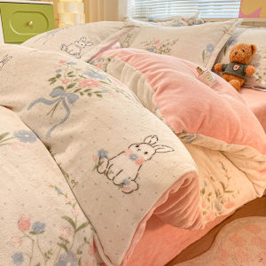 Thickened Coral Fleece Bedding Set 4pcs Cartoon Cat Person Winter Warm Milk Velvet Bed Sheet Cover Quilt Duvet Cover Bedding