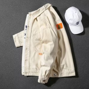 Loose Mens Denim Jacket Spring Autumn Korean Style Fashion Workwear Print Casual Versatile Top Youth Trendy Long Sleeve Coat