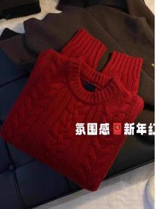 Ladies Thickened Winter Knitwear Red Christmas Twist Loose Style Sweater Easy Wear Half High Collar Long Sleeve Cashmere Yarn