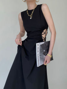 สีดำ Hollow Out เอว เส้น แขนกุด ผู้หญิง เดรส ฤดูร้อน พรางหุ่น ทรงเอ กระโปรงยาว สไตล์เกาหลี คอกลมสูง เอว Midi เดรส