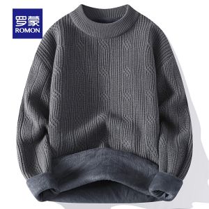 ROMON | Red Fleece-Lined Round Neck Knitwear For Men By Romon Winter Fashion Casual Loose Fit Long Sleeve Thermal Comfortable Sweater