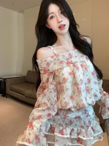 GUZILIAN | French Vintage One Shoulder Floral Lace Trim Halter Dress Womens Midi Dress Floral Print Gazar Material Korean Style Commute