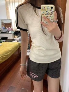 Quần Short Kẻ Sọc American Grey Casual Cho Nữ Mùa Hè Cạp Cao Quần Ống Rộng Dáng Chữ a Quần Thể Thao Ba Điểm