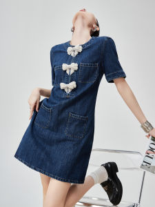 XIAODADEHUA | Glittering Bow Accent Denim Dress A-Line