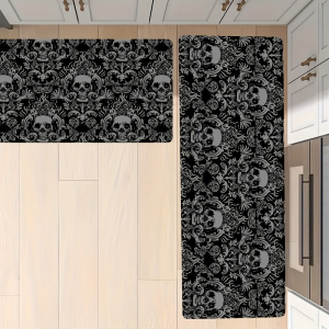 VIKAMA Gothic Skeleton Scroll Flower Kitchen Mat Non slip Mat Black Grey Baroque Printed Carpet Home Decoration