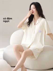 MiiOW | Bộ đồ ngủ cotton mềm mại thoải mái có đệm ngực cho nữ Bộ đồ ngủ mùa hè thường ngày có khóa kéo ngắn Bộ đồ mặc nhà