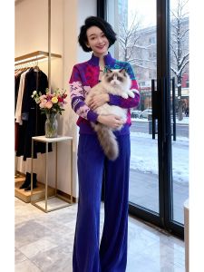 NUANPING | Blue High-End Printed Knit Sweater and Pants Set