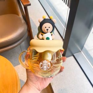 Starbucks Official Glass Honey Bee Bear Tea Cups Coffee Cup Cover with Tea Lid