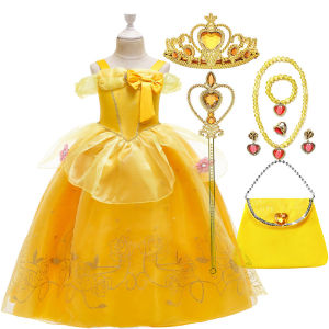 Disney | Disney Beauty and The Beast Belle Princess Dress For Girl Girls Party Strap Yellow Belle Princess Cute Lace Dress + Flower Set