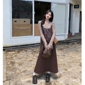 plus Size Womens Brown PU Leather Strap Dress Set Autumn New Style High Quality Elegant Base Shirt Womens Clothing