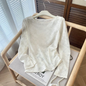 PAIBOLI | Chinese Style Bamboo Leaf Jacquard Round Neck White Long Sleeve T-shirt